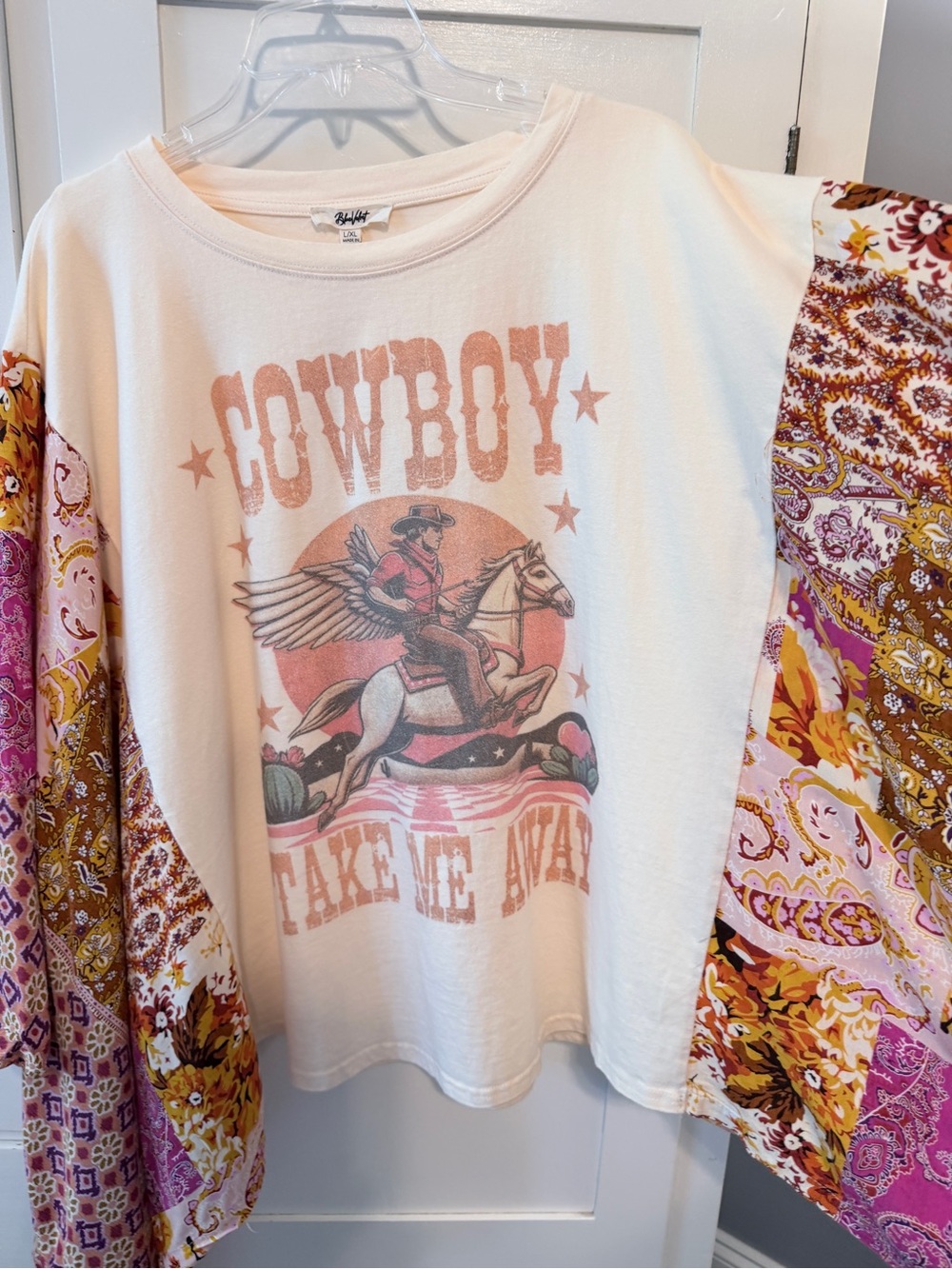 Bohemian Patchwork Cowboy Pullover t-shirt with butterfly wings . Cream & Pink - Picture 2 of 9